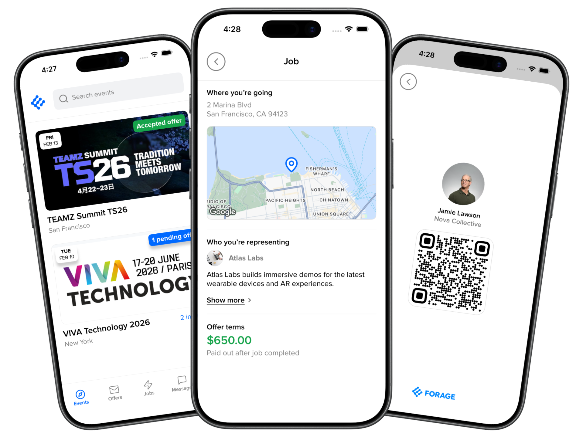 Forage app preview on three phones